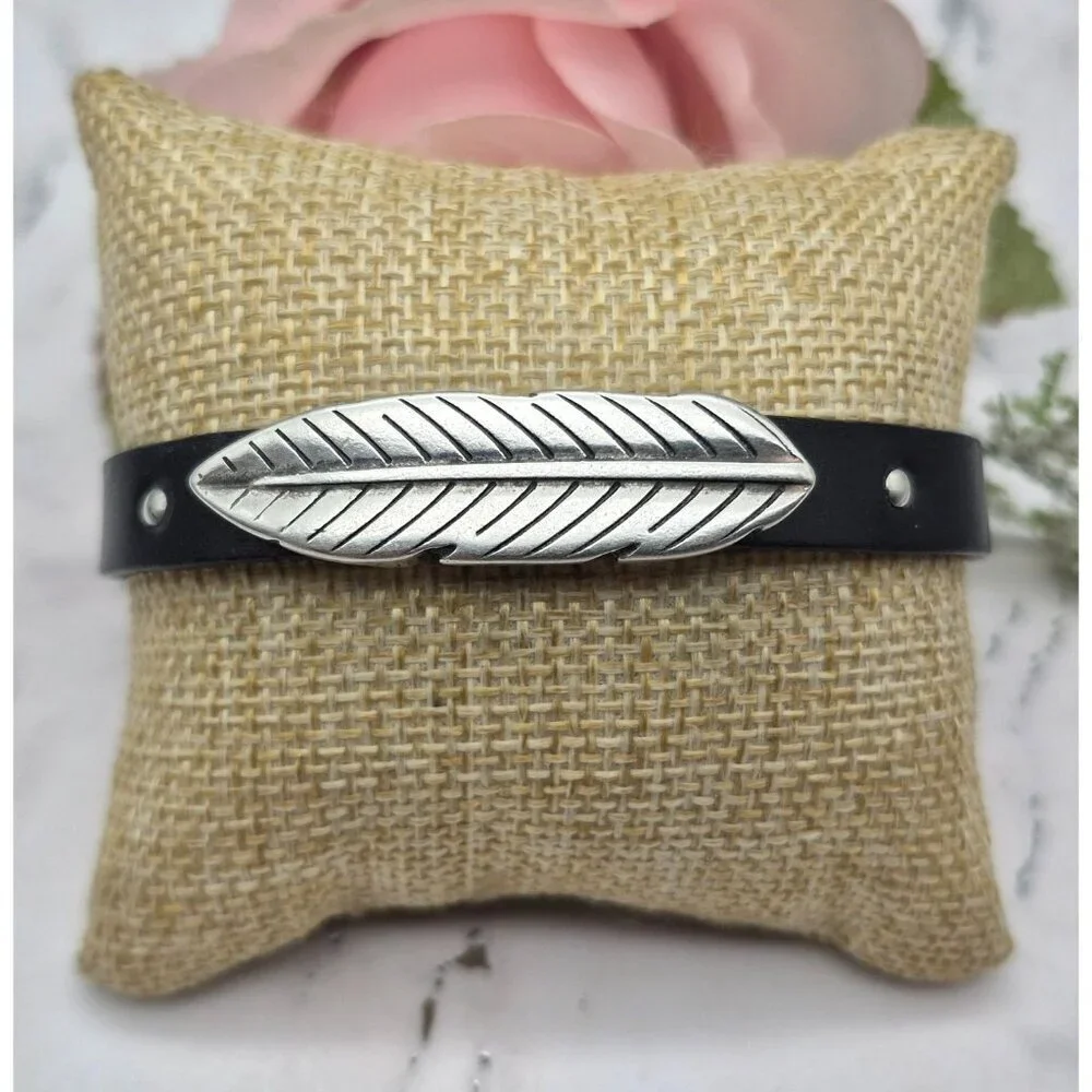 Mens Black Leather Bracelet Silver Tone Feather Slide Charm Punk Magnetic Clasp